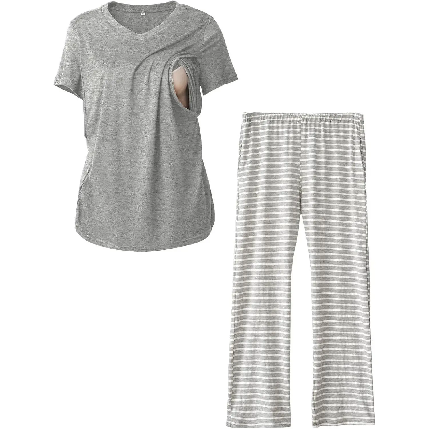 2-Pack Postpartum Pajamas Set, Maternity Outfits for Moms, Soft Polyester V-Neck Wrap Loungewear, Short Sleeve for Nursing & Labor, V Neck Shirt, Unisex, Solid, Plain, All Seasons, Soft Cotton, Below The Knee, Side Seam, Maternity Top, Pocket, Nursing Clo
