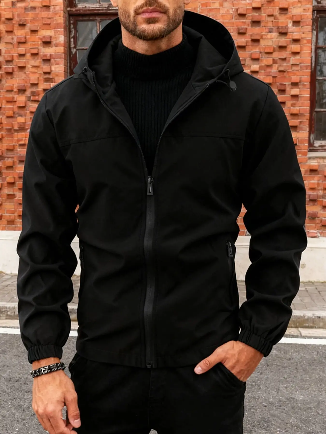 Men's Casual Hooded Jacket, Zip Closure, Solid Color, Long Sleeve, Slim Fit, Windproof Outerwear, Spring & Fall