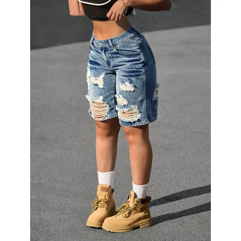Women's Fitted Ripped Button Jean Fit Shorts - Breathable Fabric, Contemporary Look, Machine Washable Casual Spring Summer Sports Bottoms with Ripped Detail