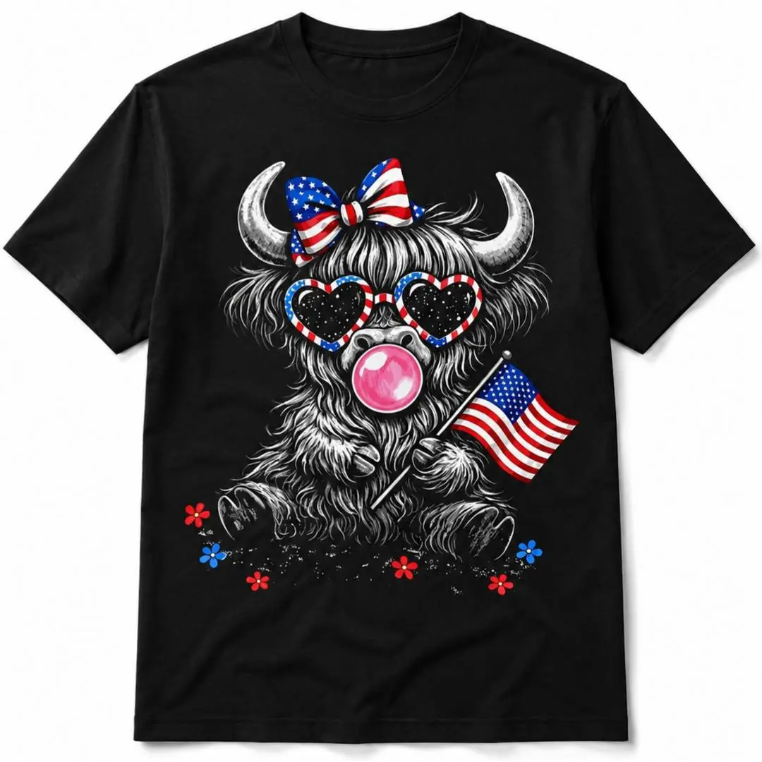Women's Regular Length Plus Size Pure Cotton Medium Stretch Tee Featuring Cute Highland Cow with Bubble Gum and US Flag Graphic, July 4Th Bow, July 4Th Cow, American Flag Cow, American Cowgirl, Independence Day, Fashionable Patriotic Animal