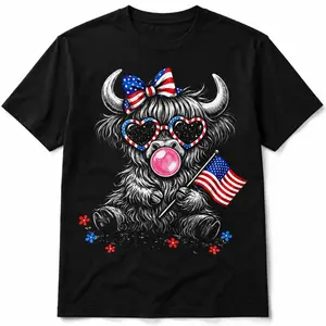 Women's Regular Length Plus Size Pure Cotton Medium Stretch Tee Featuring Cute Highland Cow with Bubble Gum and US Flag Graphic, July 4Th Bow, July 4Th Cow, American Flag Cow, American Cowgirl, Independence Day, Fashionable Patriotic Animal