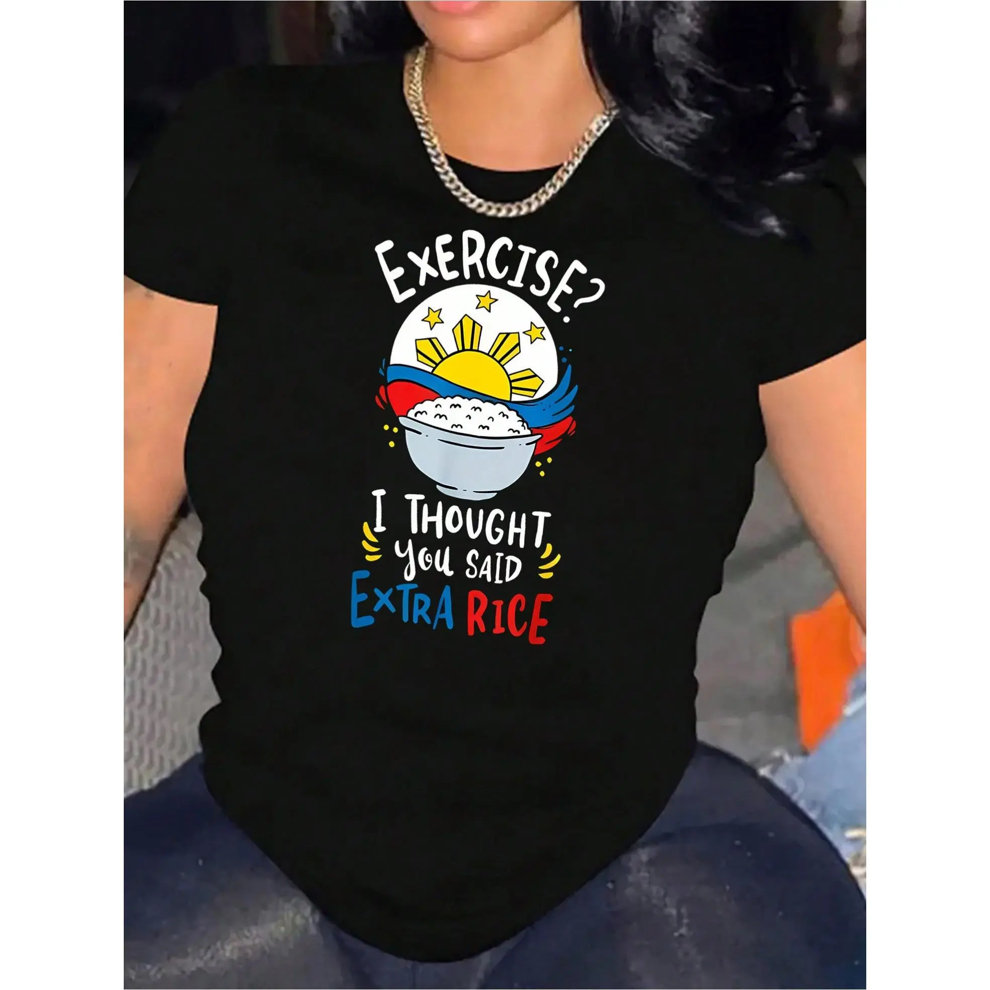 Women's Casual Patterned T-Shirt - "Extra Rice Grains" Humorous Print With Sun And Star Design, Soft Stretchy Crew Neck Top, Machine Washable For All-Season Comfort, Breathable And Not See-Through, Fun Style