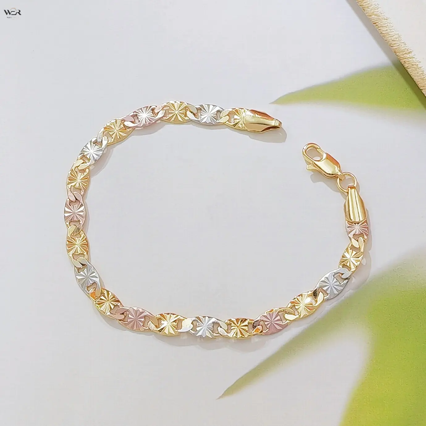 Tri Color Sunburst Textured Link Bracelet for Women, 14K Gold Rose Gold Silver Three Tone Flat Chain Wrist Jewelry Size 19cm/7.48inch