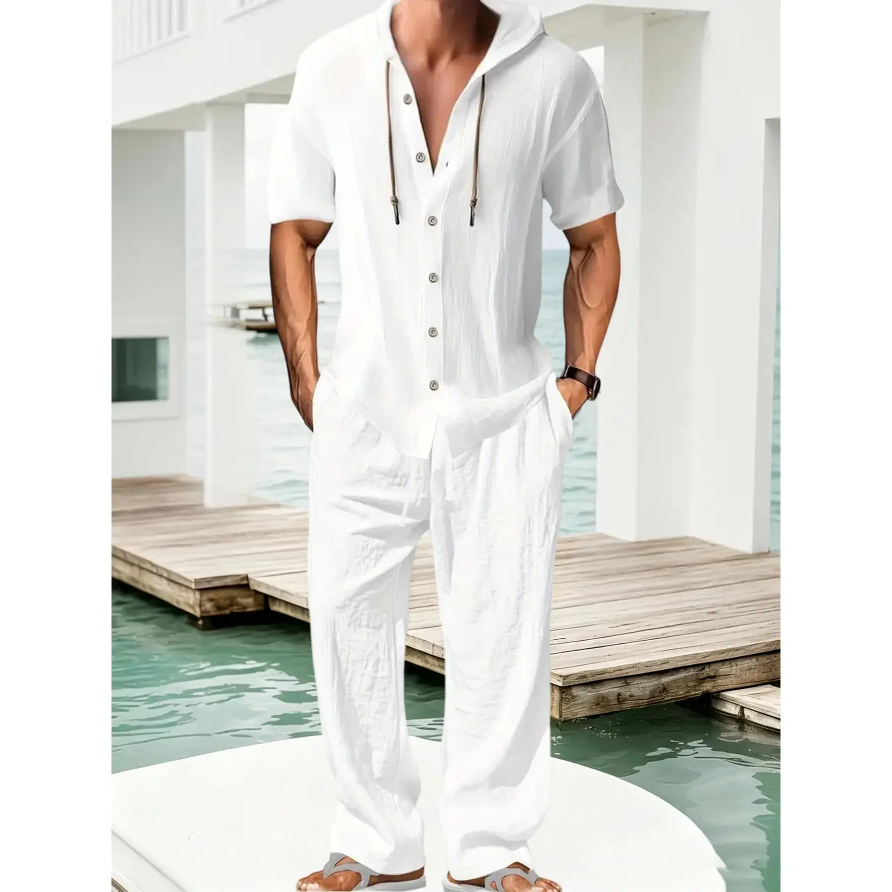 Men’s Lightweight Hooded 2-Piece Summer Outfit, Breathable Short Sleeve Button-Down Shirt and Wide-Leg Pants Set, Casual Beach-Ready Style for Effortless Mensfashion