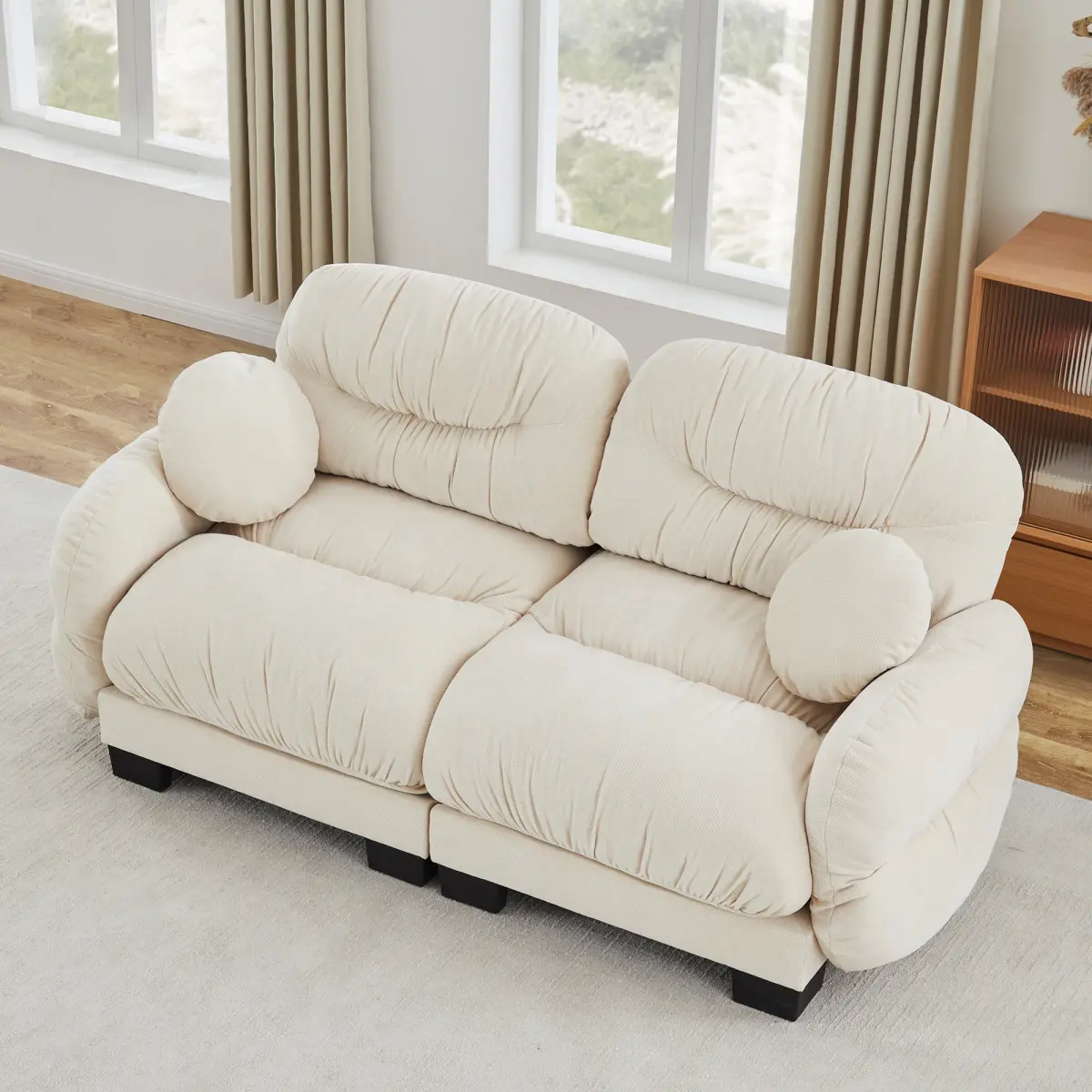 Pleated Design Cozy Chenille Fabric 2 Seater Modular Sofa with High-Density Ergonomic Foam Seat, Curved Round Armrests and 2 Round Throw Pillows,Beige