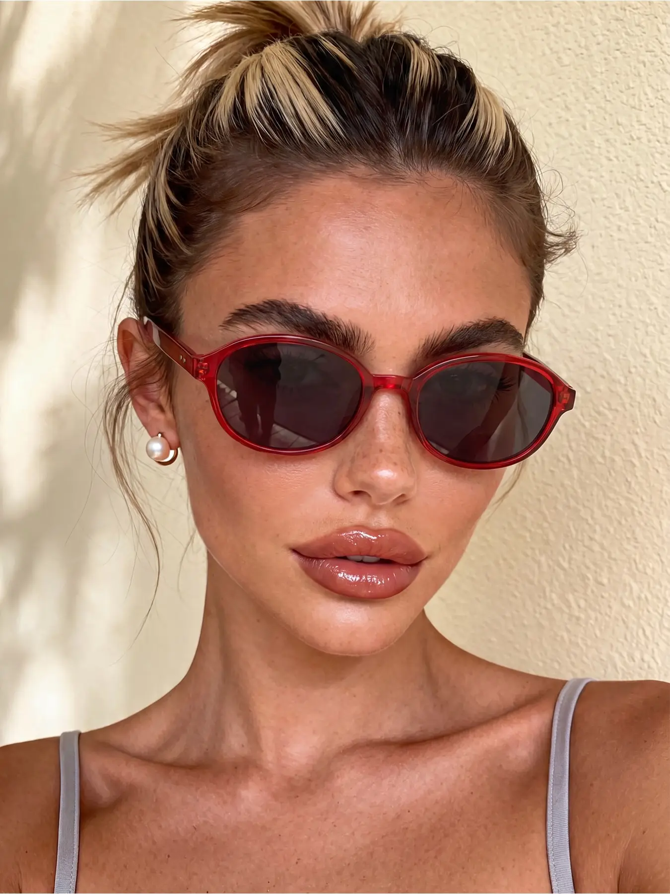 1 pair of men's and women's oval frame red fashionable sunglasses with rivet details, suitable for street photography, parties, golf, beach vacations, casual outings, sporty styles, electronic music festivals, vacation vibes, and family trips.