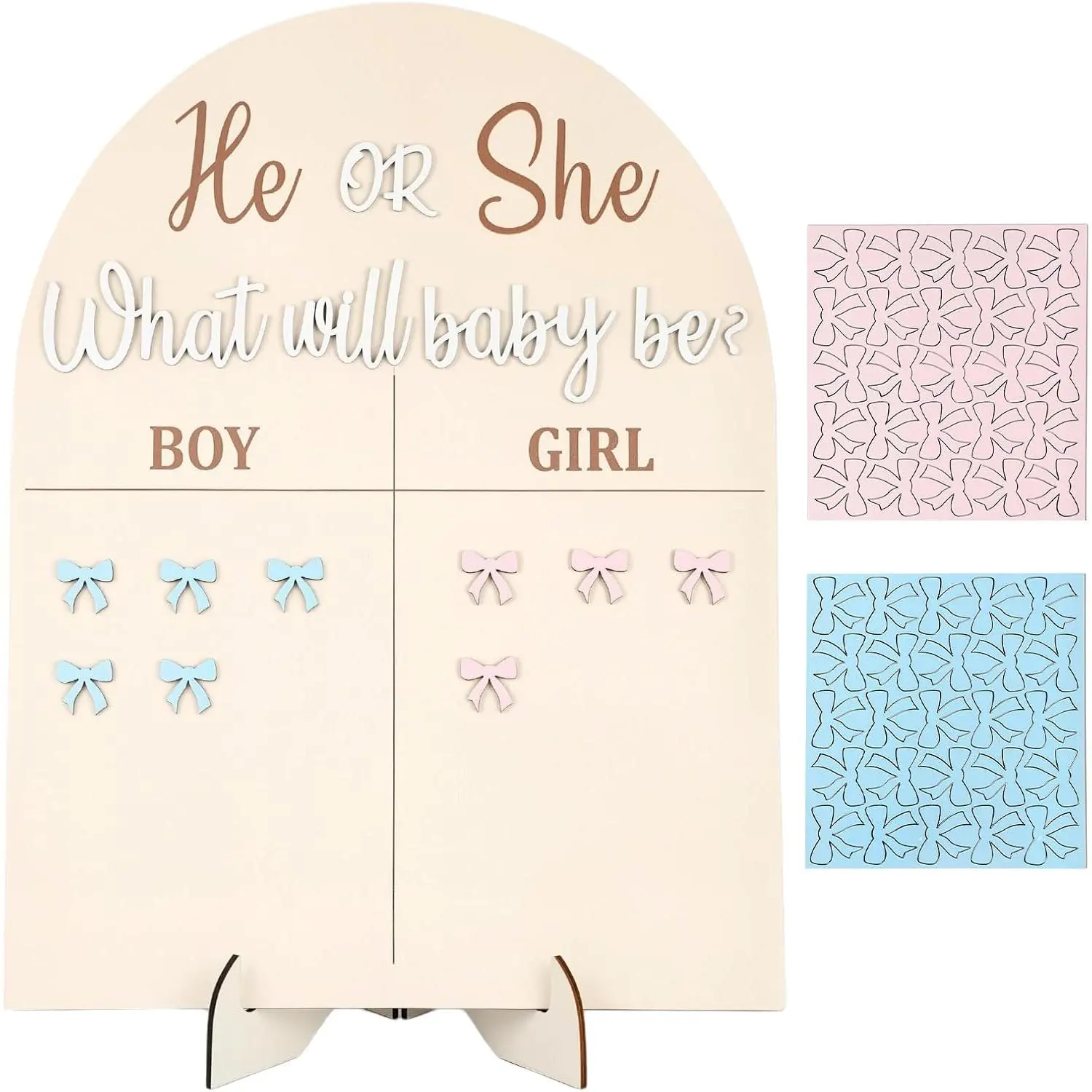 Wooden Baby Gender Reveal Voting Board with Stand, " He or She, What Will Baby Be? "Babys Gender Reveal Party Decorations Games for Boy or Girl Shower