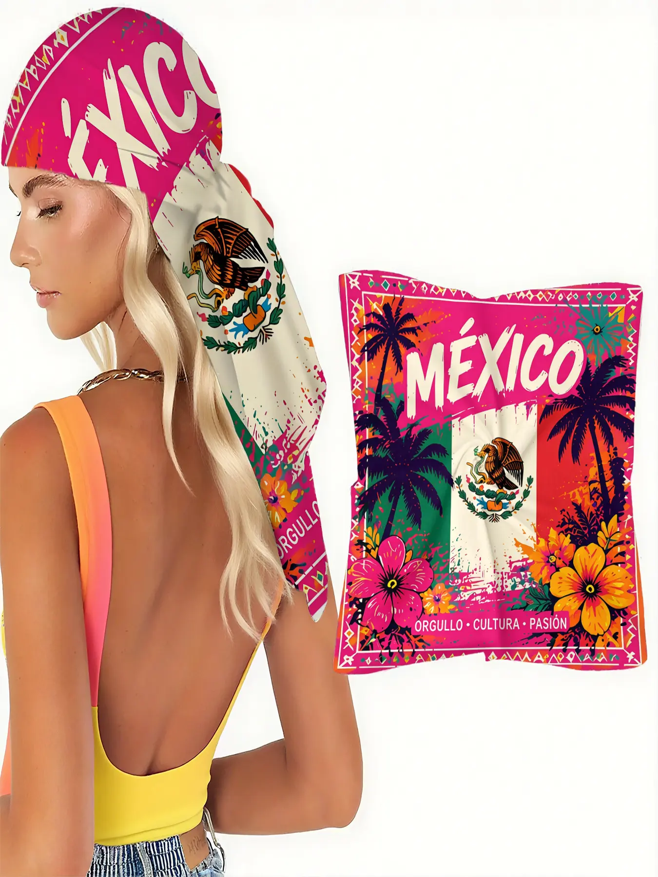 【Mexico Culture】Scarf Shawl Wrap with National Emblem, Tricolor Flag, Tropical Palm Trees, Vibrant Hibiscus, "México" & "Orgullo Cultura Pasión" Text – Ideal for Cinco de Mayo, Latin Music Festivals, Resort Wear, Heritage Celebrations and Tourism