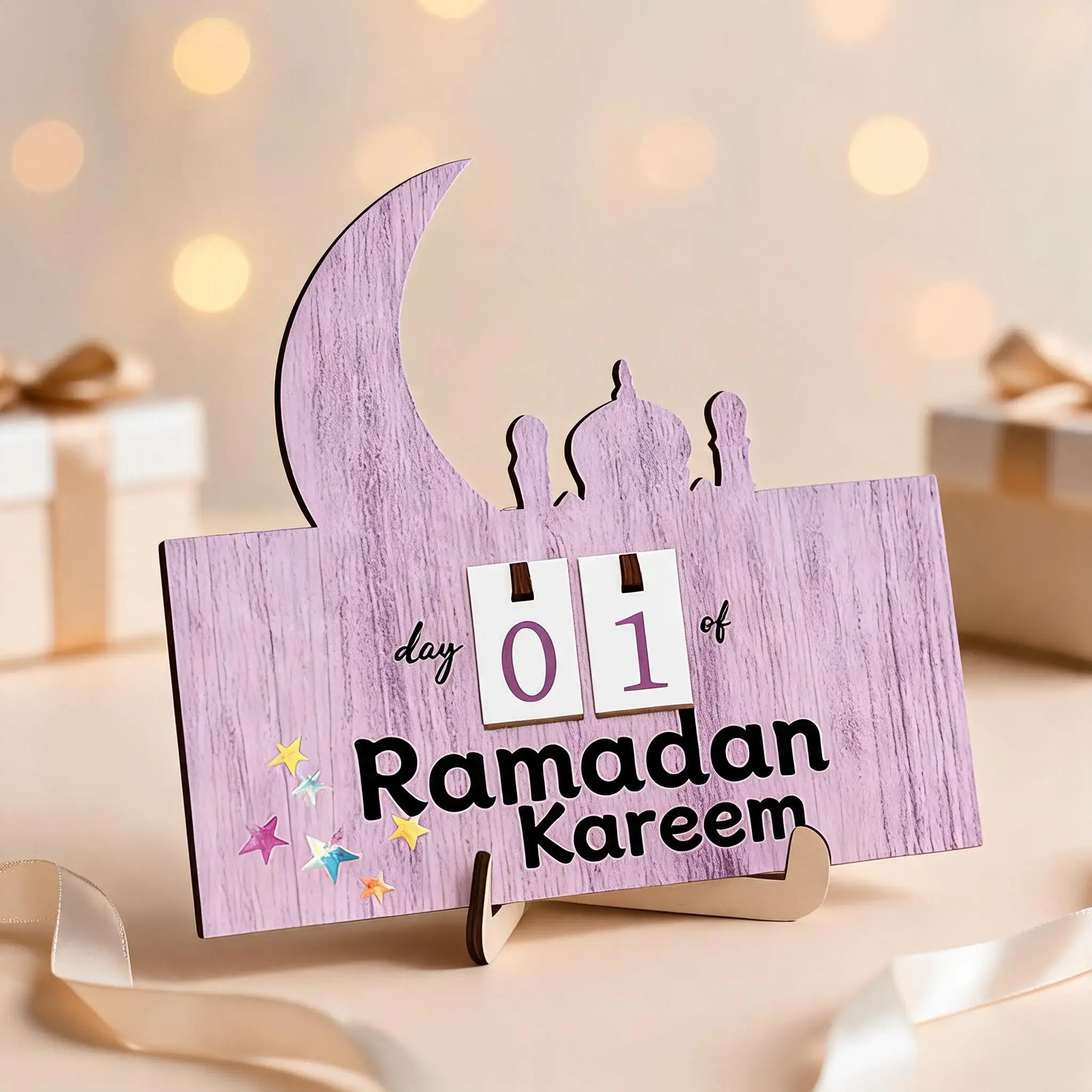 Ramadan Kareem, 1 Pc Purple Day Of Ramadan Countdown Calendar Wooden Ornament With 12 Number Cards And Wooden Base, Mosque And Crescent Moon Design, Suitable For Home Office Desktop Party Decoration, Ramadan Festival Gift