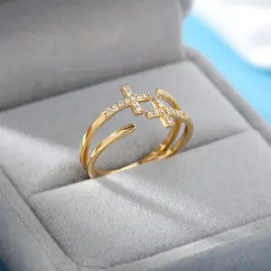 Shiny Opening Zircon Double Cross Rings For Woman Gold Color Stainless Steel Ring Luxury Wedding Ring Jewelry Gift Bague