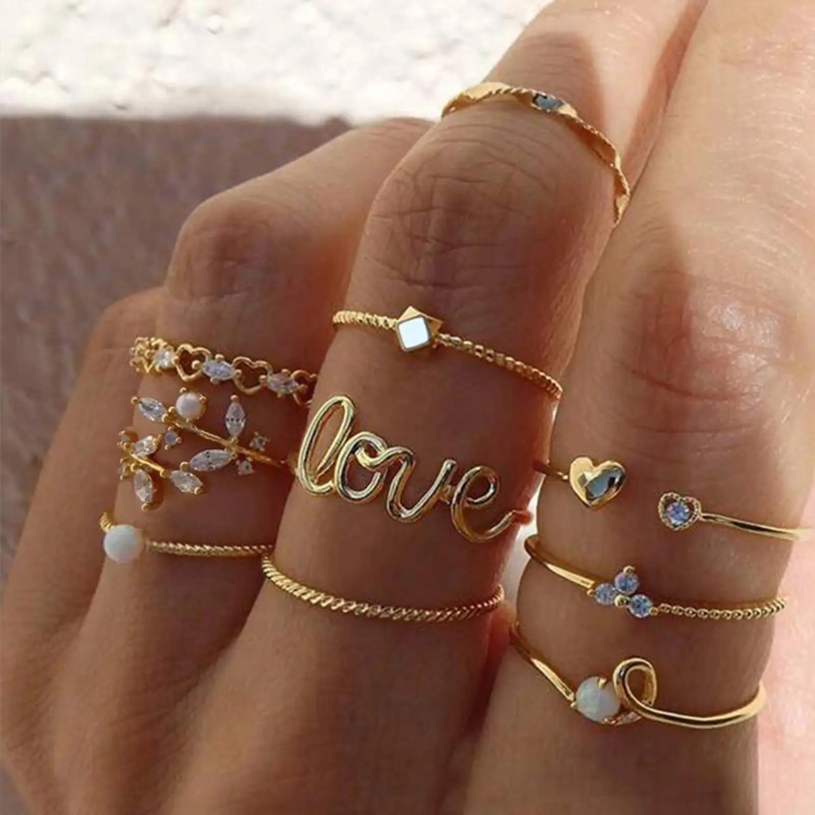 Women's Vintage Boho Stackable Jewelry Rings Set - Dainty Stacking, Boho Style, Star Moon Heart, Leaf Designs Fashion Accessory, Boho Style Rings