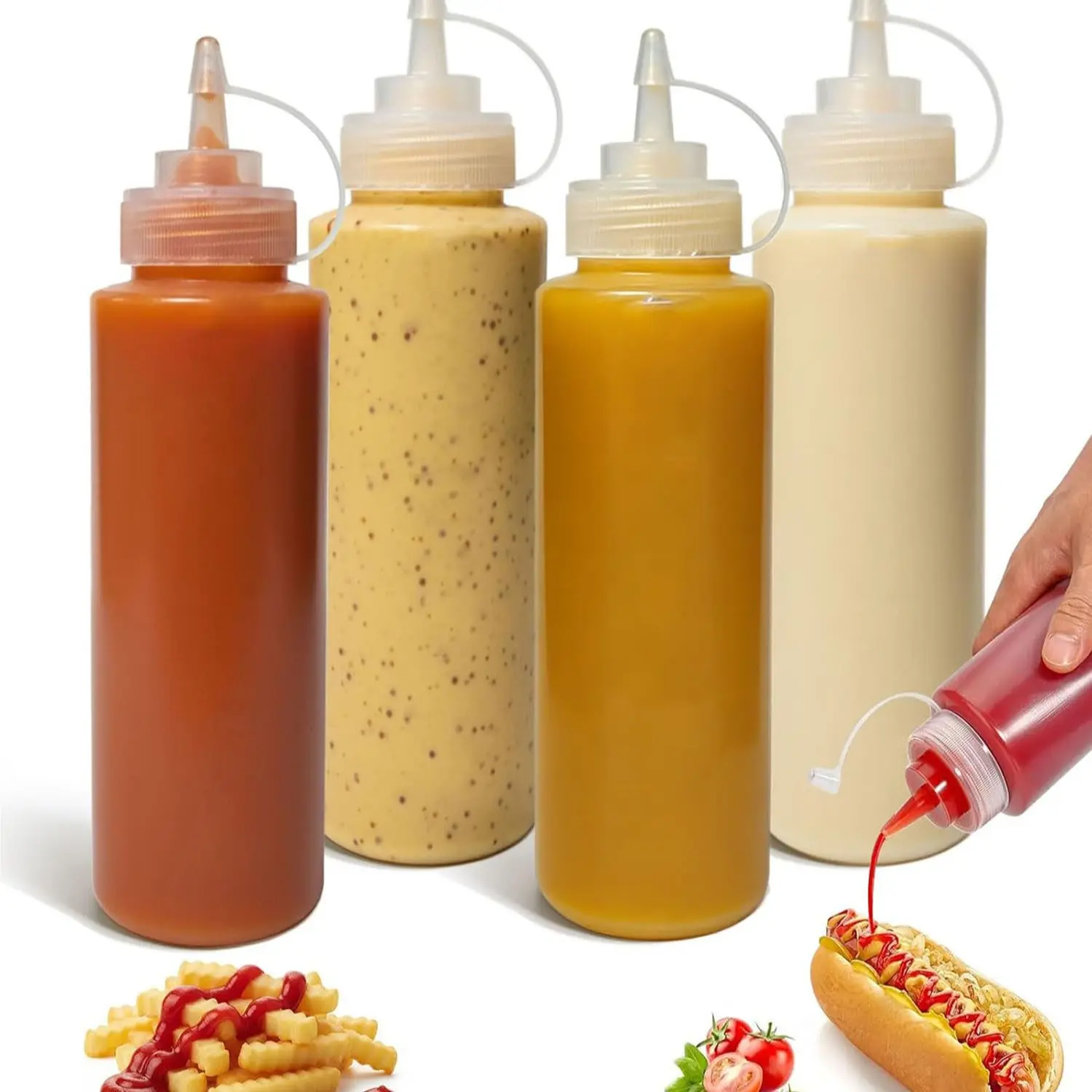 Pack of 4 Seasoning Squeeze Bottle, Syrup Dispenser, Cream Dispenser, Olive Oil Dispenser, 3-Hole Design, Leak-Proof, Suitable for Sauces and Condiments, Ideal for Storing Oil and Syrup,Kitchenware.