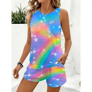 Plus Size - Plus Size - Summer Women'S Sleeveless Two-Piece Set with Rainbow Star Print Casual Outfit