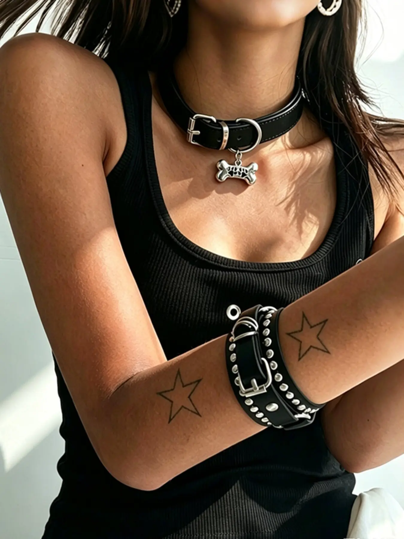 2 Piece Retro Gothic Dog Bone Necklace Set, Punk Style PU Leather Choker, Adjustable Collar, Hip Hop Party Jewelry, Couples Necklaces
