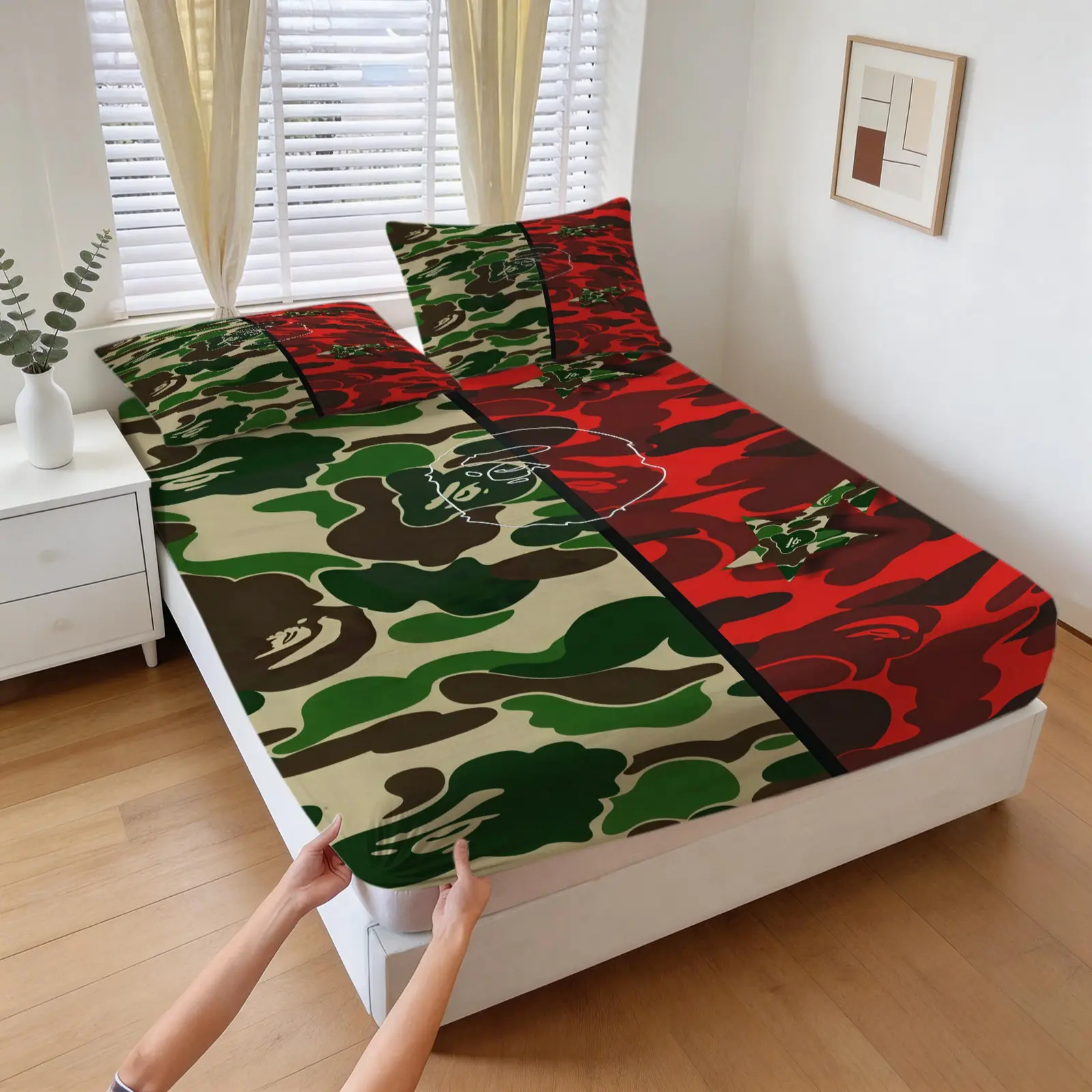 3-Piece Camouflage Ape Head Pattern Bed Sheet, Including 1 Bed Sheet And 2 Pillowcases, Soft And Comfortable Bedding, Anti Slip Dust Cover, Suitable For Bedrooms And Guest Rooms