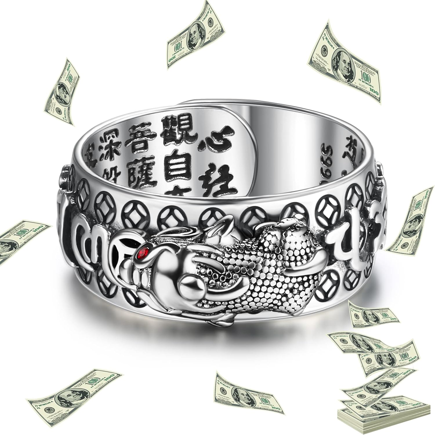 MILACOLATO Feng Shui Pixiu Mantra Ring 925 Sterling Silver Feng Shui Ring Protection Lucky Amulet Wealth Health Buddhist Vintage Adjustable Pixiu Ring for Women Men