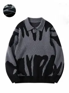 Unisex Polo Collar Drop Shoulder Casual Hip Hop Vibe Sweater, Regular Fit All Over Print Graphic Long Sleeve Stretch Pullover, Drippy Jacquard Polo Sweater, Going Out Top, Fitted Sweatshirts