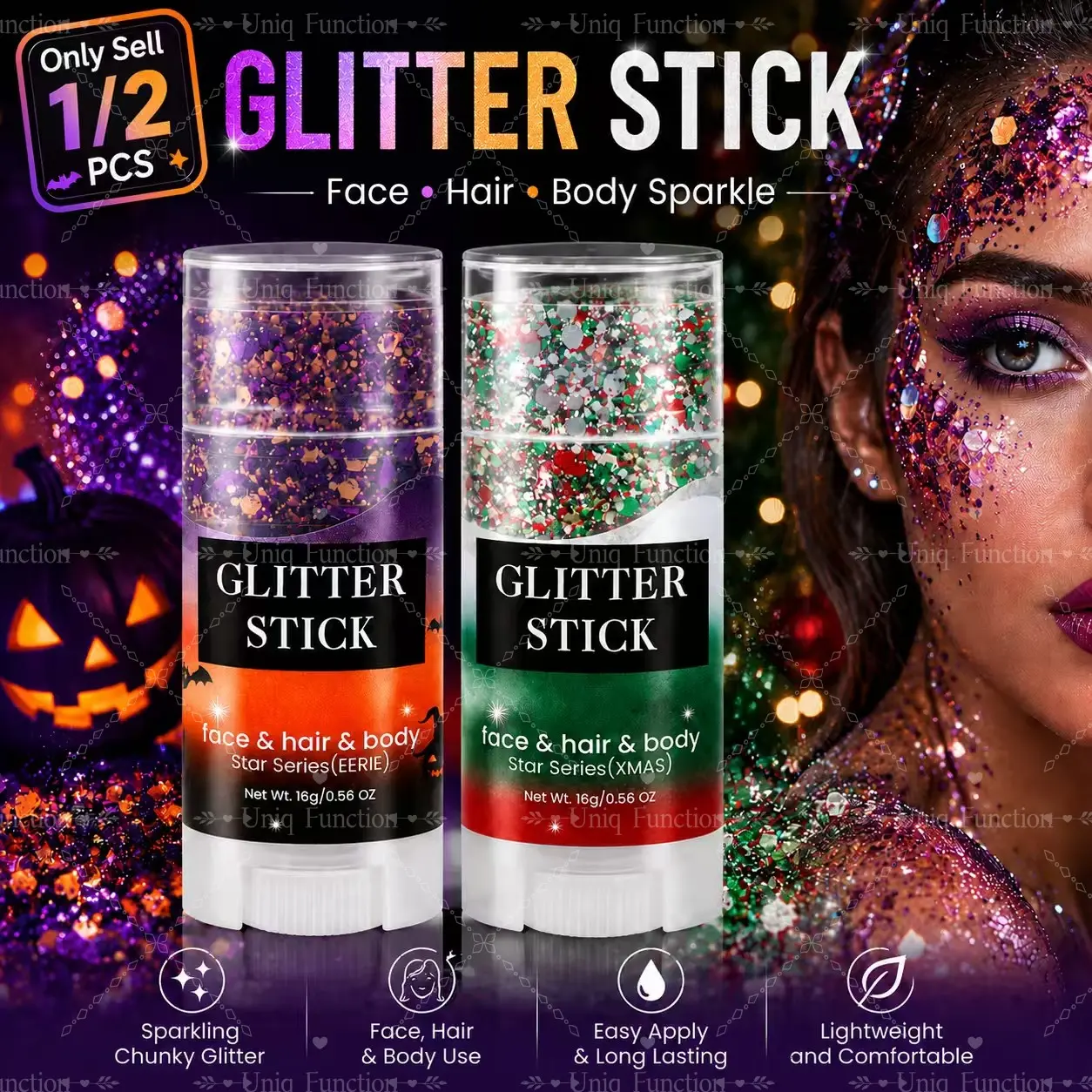 1 PC Halloween Shimmering Body Glitter Stick And Christmas Theme – Black, Purple & Orange Holographic Sparkling Chunky Glitter Gel – Face Hair Body Makeup – Festival, Party, Concert, Costume Accessories for Women Adults