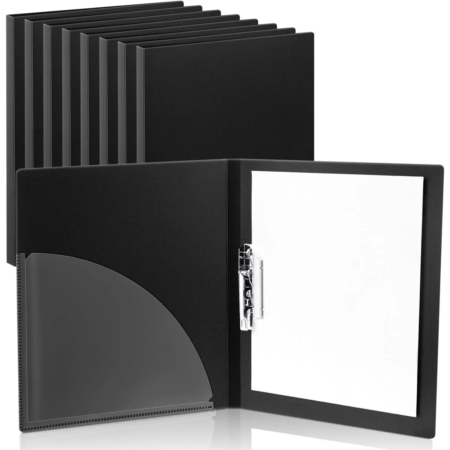 8 Pack Punchless Clamp Binder Folder, Ringless Binder with Metal Clip and Poly Covers, Flex Colored Swing Clamp for Work School Documents, 9.7 x 11.5 Inch Black