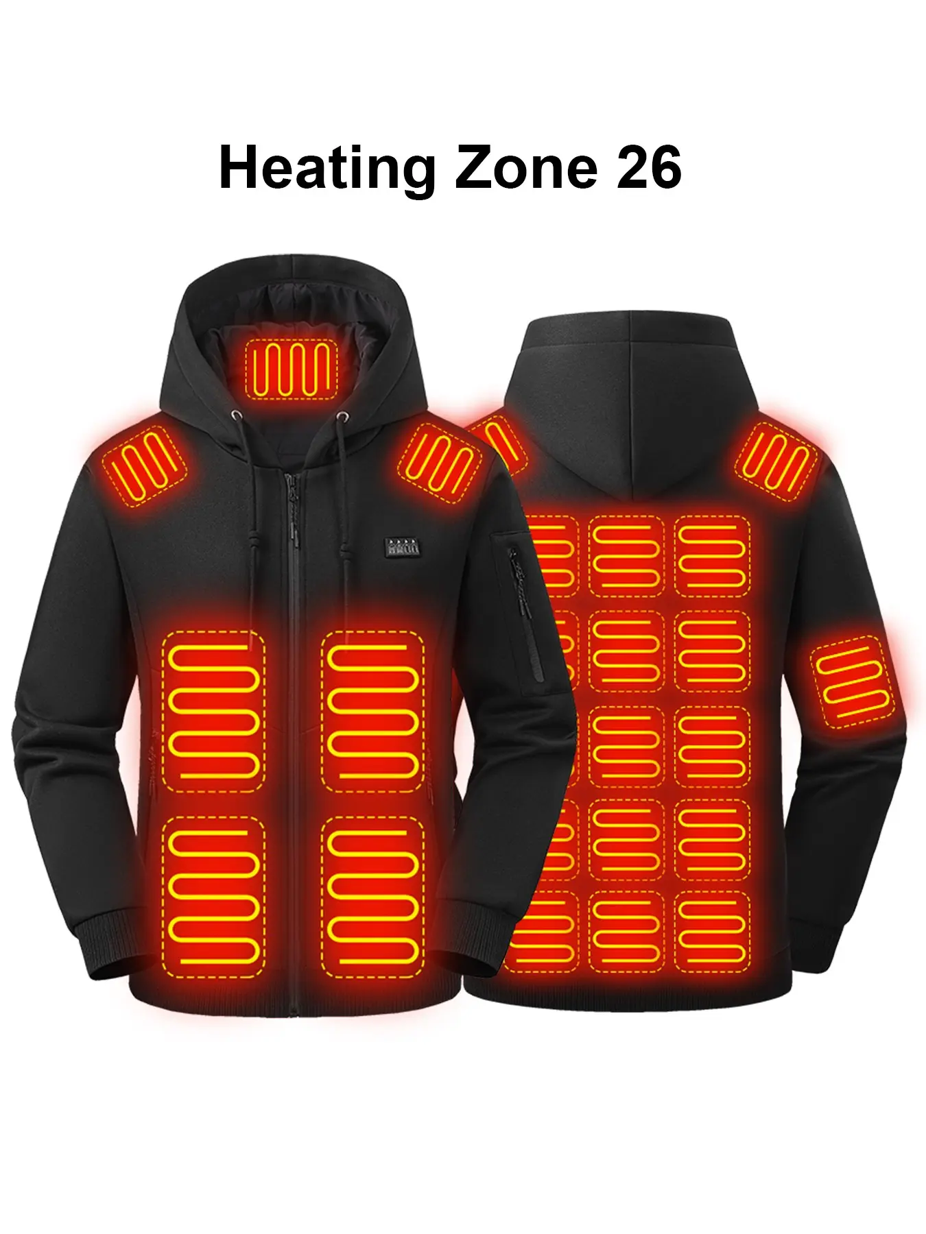 Men’s 26 Heating‑Zones Full‑Zip Heated Hoodie, USB Powered Electric Heating Hooded Sweatshirt with Heating Panels on Hood, Shoulders, Back & Belly, Arm & Side Zipper Pockets, Winter Warm Jacket (Power Bank NOT Included)