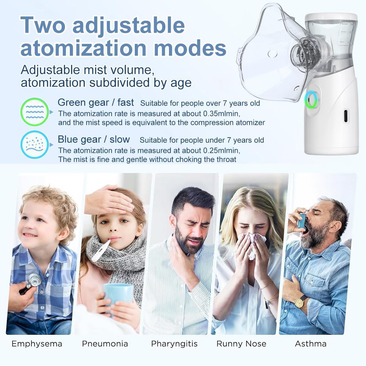 Handheld Ultrasonic Nebulizer, Portable Home Nebulizer, Rechargeable Mesh Nebulizer, Includes Face Mask and Mouthpiece, Features a Compact and Self-Cleaning Design, Suitable for Home Use, Travel, and Respiratory Assistance.