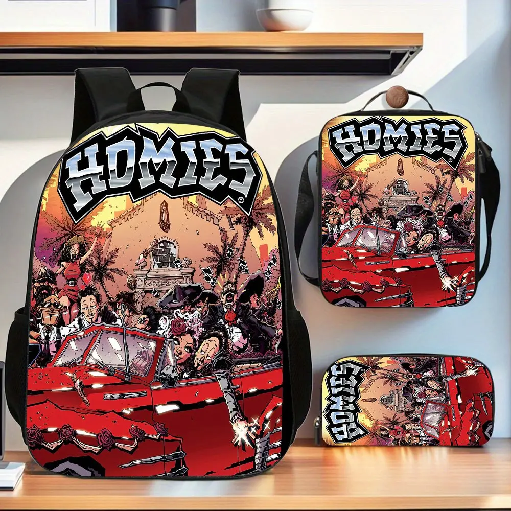 3-Piece Teen Water Resistant Backpack Set, HOMIES Chicano Lowrider Red Classic Convertible Palm Tree Street Cartoon Print School Kit Backpack Lunch Bag Pencil Case 600D Oxford Latin Culture Fans Daily Use