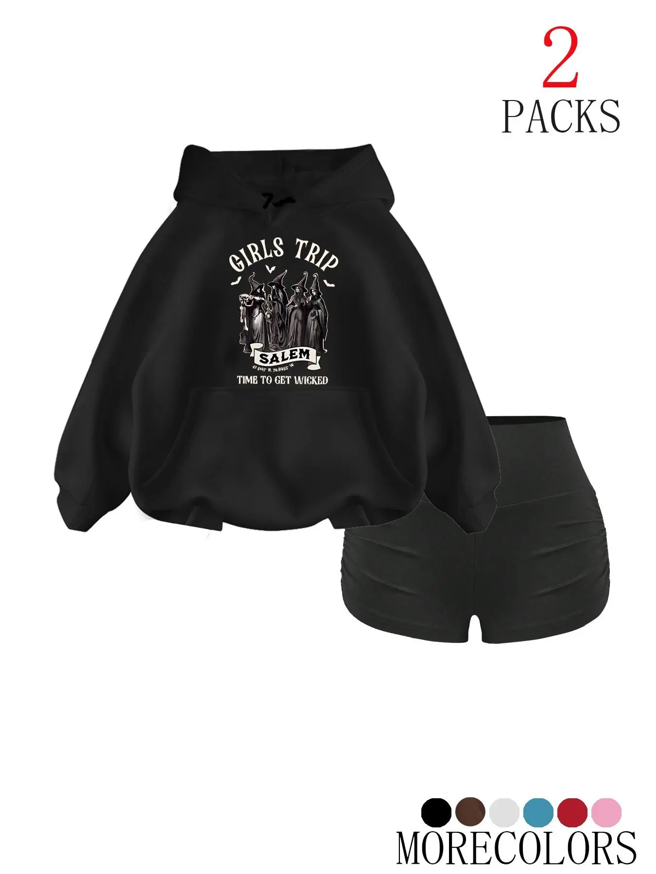 Women's Fall Winter Hooded Sweatshirt Set, Casual Loose-Fit Thick Fabric, Halloween Witch Print, Fashion Pocket Design, 2 Piece Style