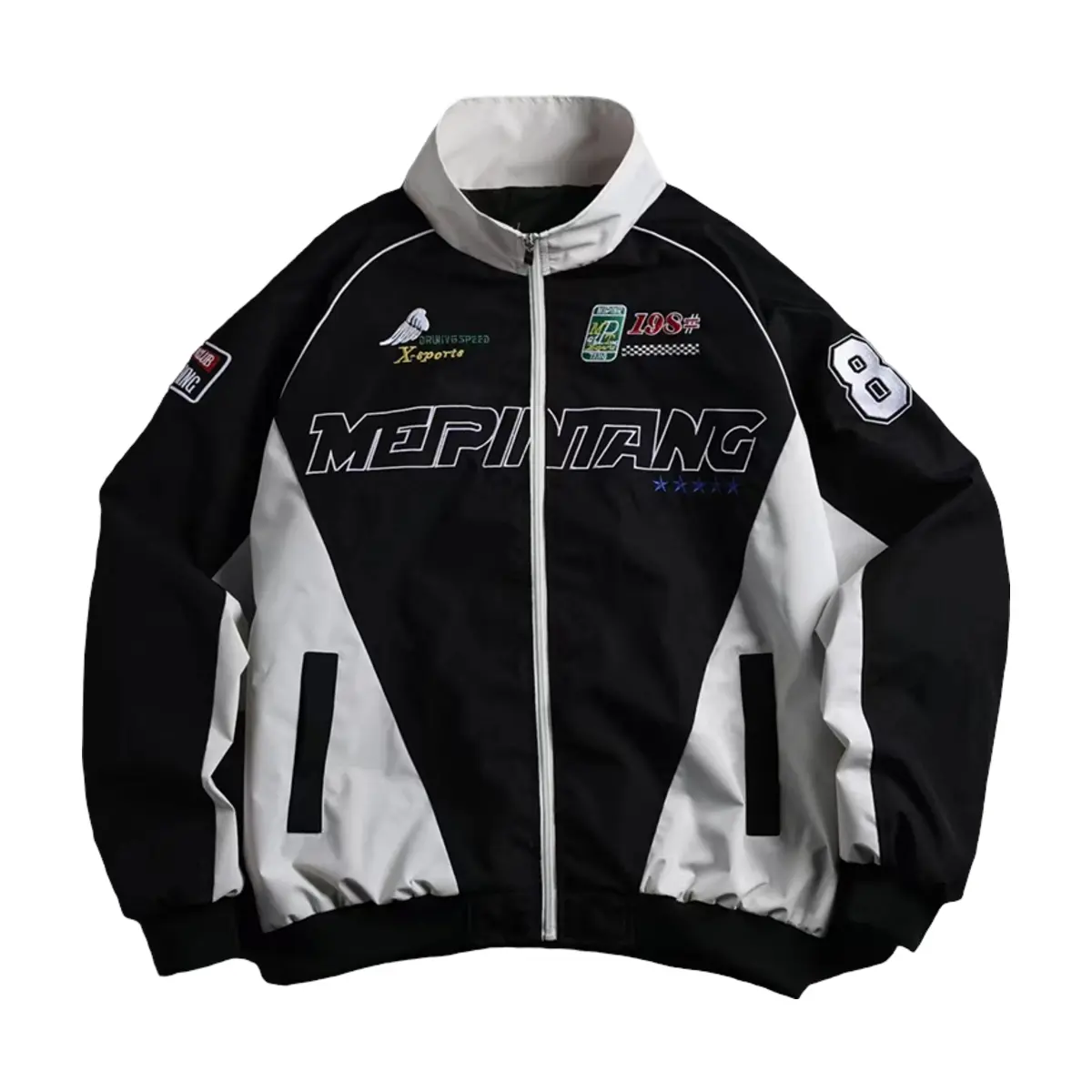 Men Black White Color Block Racing Jacket, Stand Collar Zip Up Motorsport Windbreaker, Letter Badge & Number Patch Print Streetwear Coat, Loose Fit Vintage Racing Outerwear for Men, Ideal for Daily Street Style, Outdoor Hangout, Spring & Autumn Casual Occ
