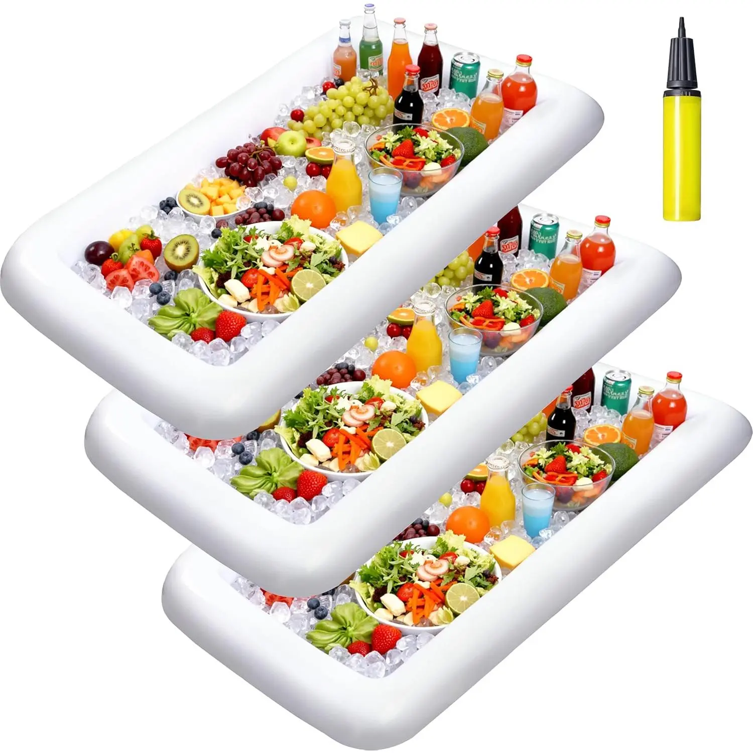 3-Pack Inflatable Serving Bars Cooler - Inflatable Cooler Ice Buffet Salad Serving Trays with Drain Plug, Food Drink Holder for Indoor Outdoor Summer Picnic Beach Pool Luau Party
