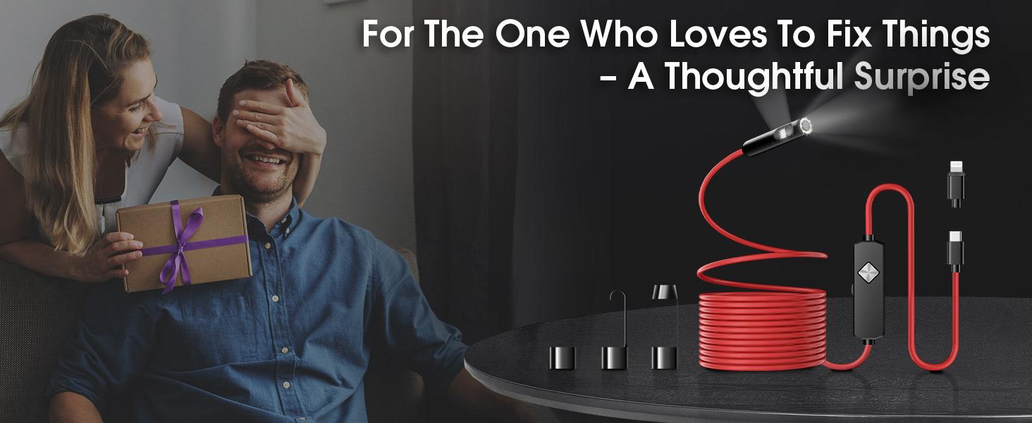 Endoscope with Light, 1920P HD Borescope with 8 LED Lights, 32.8FT Semi-Rigid Snake Camera, IP67 Waterproof Inspection Tool for iPhone & Android - Dual Lens (Red)