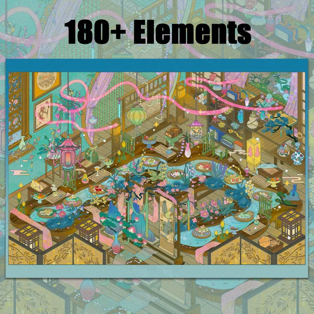 Chinese Ancient Banquet Diorama Stickers, Decal Sticker, Stackable Traditional Food & Table Setting Scenes Stickers, Oriental Cartoon Scene Sticker, Decompression PET Stickers for Journal, Handmade Craft, Imperial Feast Aesthetic Landscape Stickers