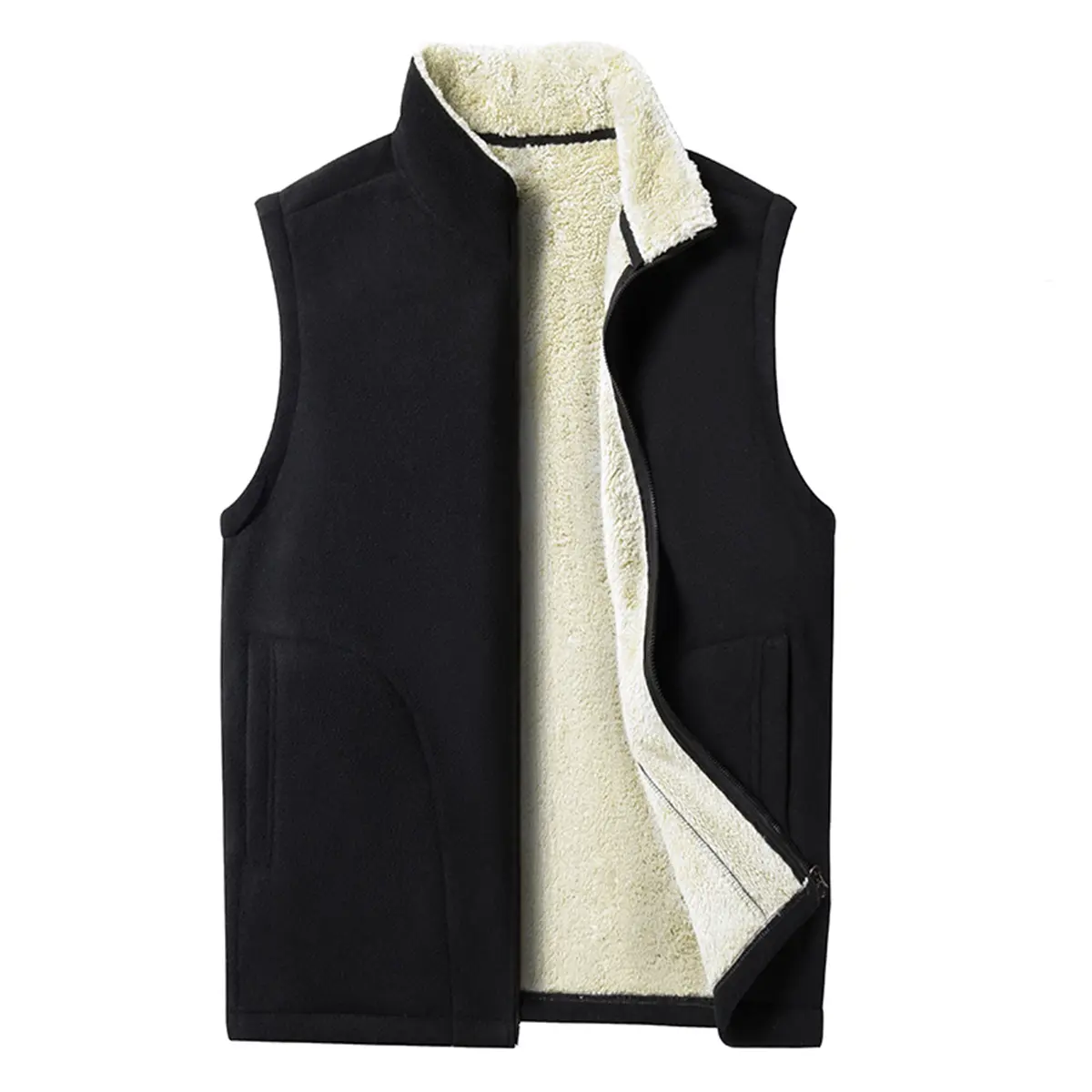 Men's Solid Plain Velvet Vest - Standing Collar, Full Zipper, Thick Lining, Side Slanted Pockets, Long Length Tops, Machine Wash, Warm Layering Piece for Autumn Winter Commuting, Daily Wear