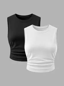 Women's Plain Round Neck Tank Tops 2-Pack, Waist Ruched Design, Comfortable Daily Wear, Ideal Gift for Fashionistas