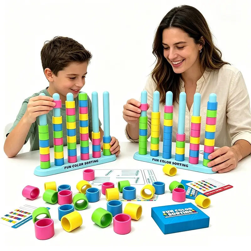 Color Stacking Challenge Game Set, Fast-Paced Color Matching Puzzle, Includes 2 Stands, 50 Cards, 80 Rings, Ideal for Kids and Parties