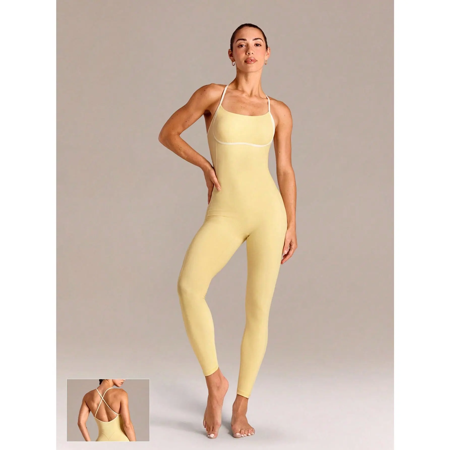 GLOWMODE 24'' FeatherFit Breathable Stretchy Contouring Side Seams Contrast Trim Crisscross Back Bodysuit One Piece With Removable Cups Low Impact Yoga Studio Pilates Daily Wear