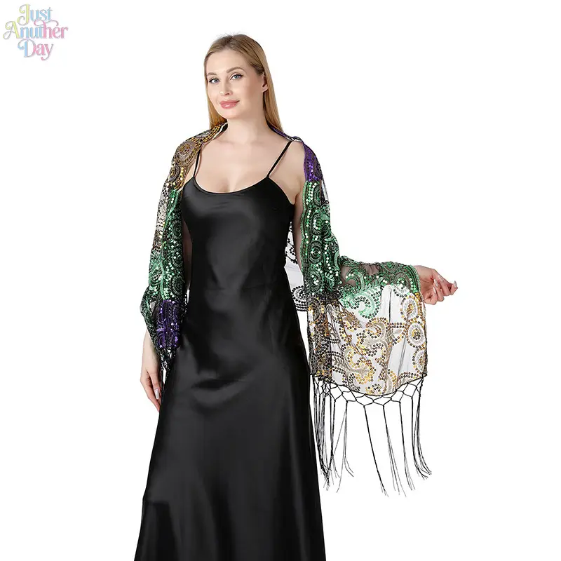Mardi Gras Colorful Sequin Embroidered Shawl, Mesh Fringe Party Wrap Scarf, Sparkly Cover-Up for Carnival, Stage Performance, Prom & Holiday Events
