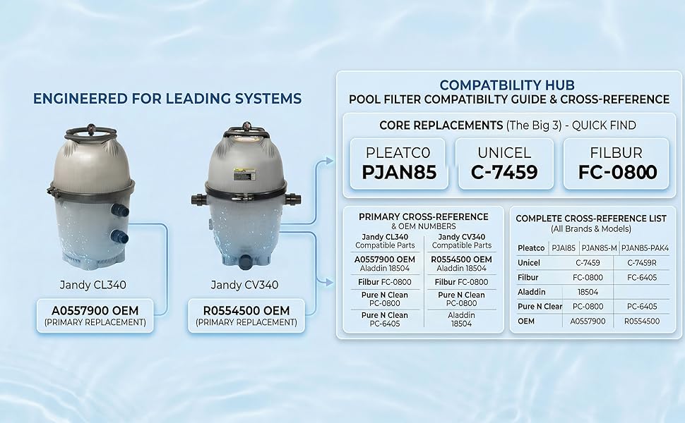 CV340 Pool Filter Cartridges Replacement for Jandy CL340, CV340, Replace Pleatco PJAN85, Jandy R0554500, Unicel C-7459, Filbur FC-6405, 4x85 sq. ft (4 Pack)
