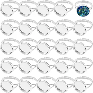 60pcs Blank Rings 12mm Adjustable Ring Bases Adjustable Flat Ring Metal Round Finger Rings Trays for Jewelry Finding(Silver)