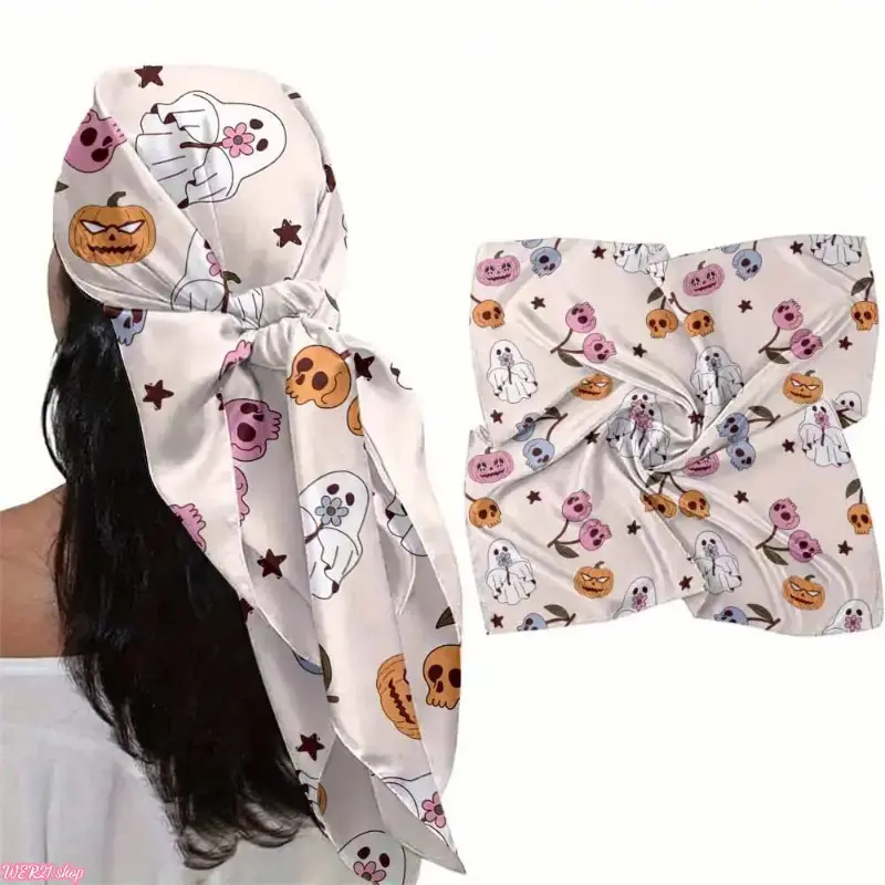 [HalloweenTok]Cute Spooky Ghost & Pumpkin Print Multi-use Head Scarf, Kawaii Halloween Bandana Headwrap, Whimsical Skull & Cherry Hair Accessory, Adorable Trendy Scarf for Fall Outfits, Spooky Season, Daily Wear & Festive Styling