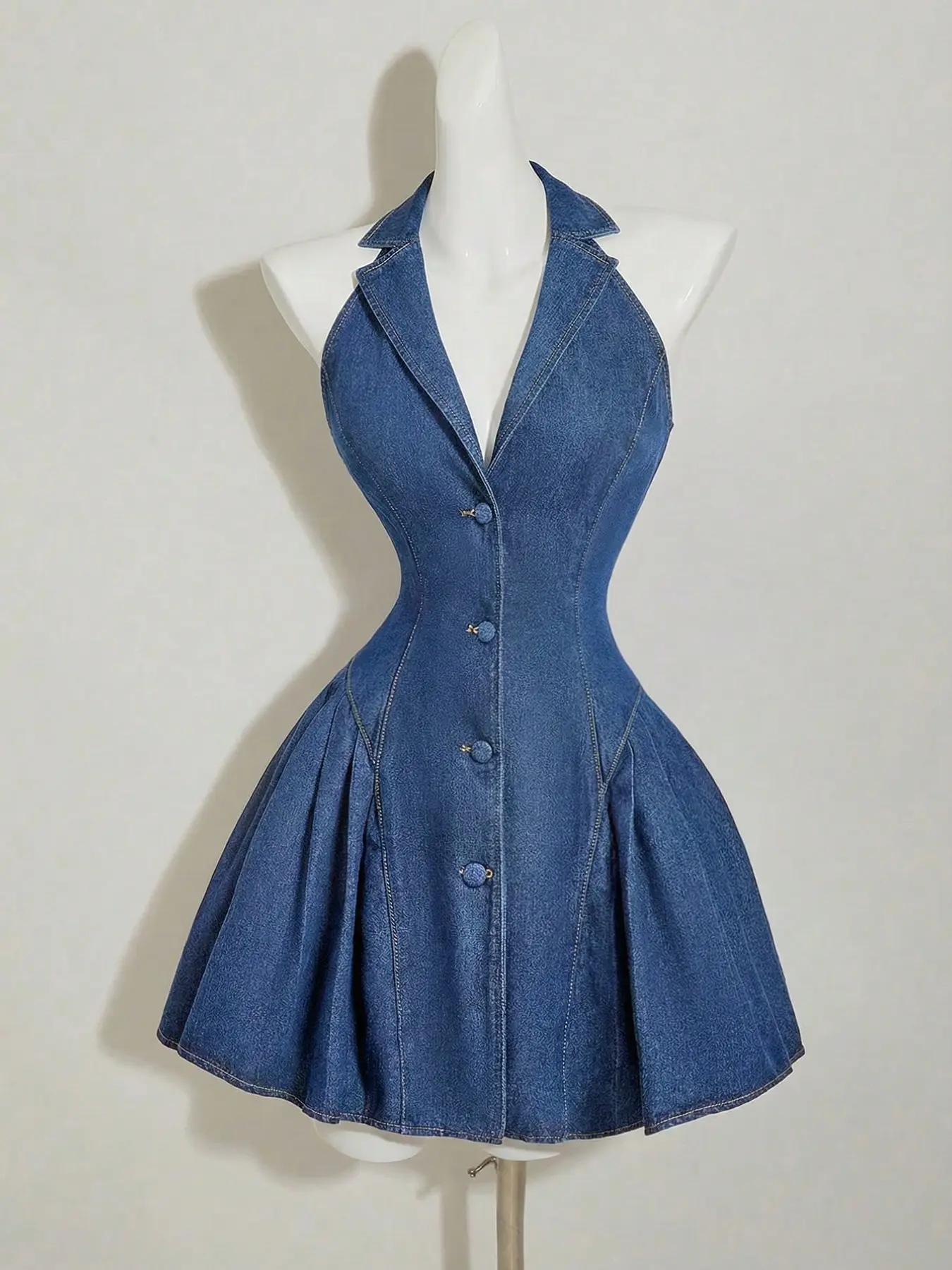 Y2K Style Halter Neck Dark Wash Denim Dress for Women, Vintage Suit Collar Fishbone Waist Cinch, Pleated Puff Short Skirt, Summer Fashion 2026