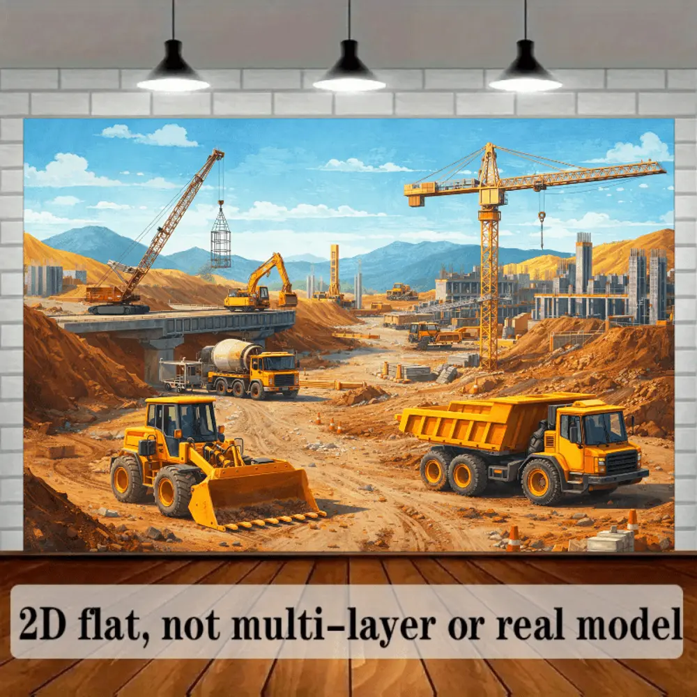 2D Flat HD Digitally Printed Polyester Photography Backdrop - Construction Site Engineering Motor Vehicles Pattern, Soft Lightweight Foldable Cloth for Product Photos, Portrait Shooting, Video Studio Filming