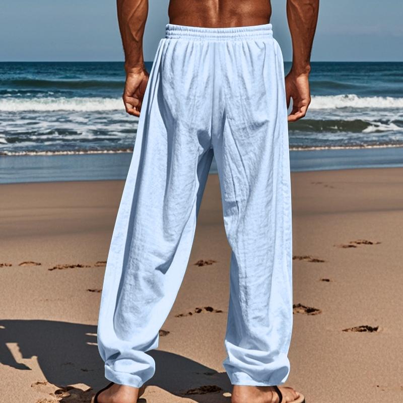 Men's solid - color premium linen straight - leg pants, comfortable beach pants with pockets. They are loose - leg pants for men's daily summer wear, featuring loose wide - leg design, light - colored washed finish and a loose fit, Casual Comfy Pants