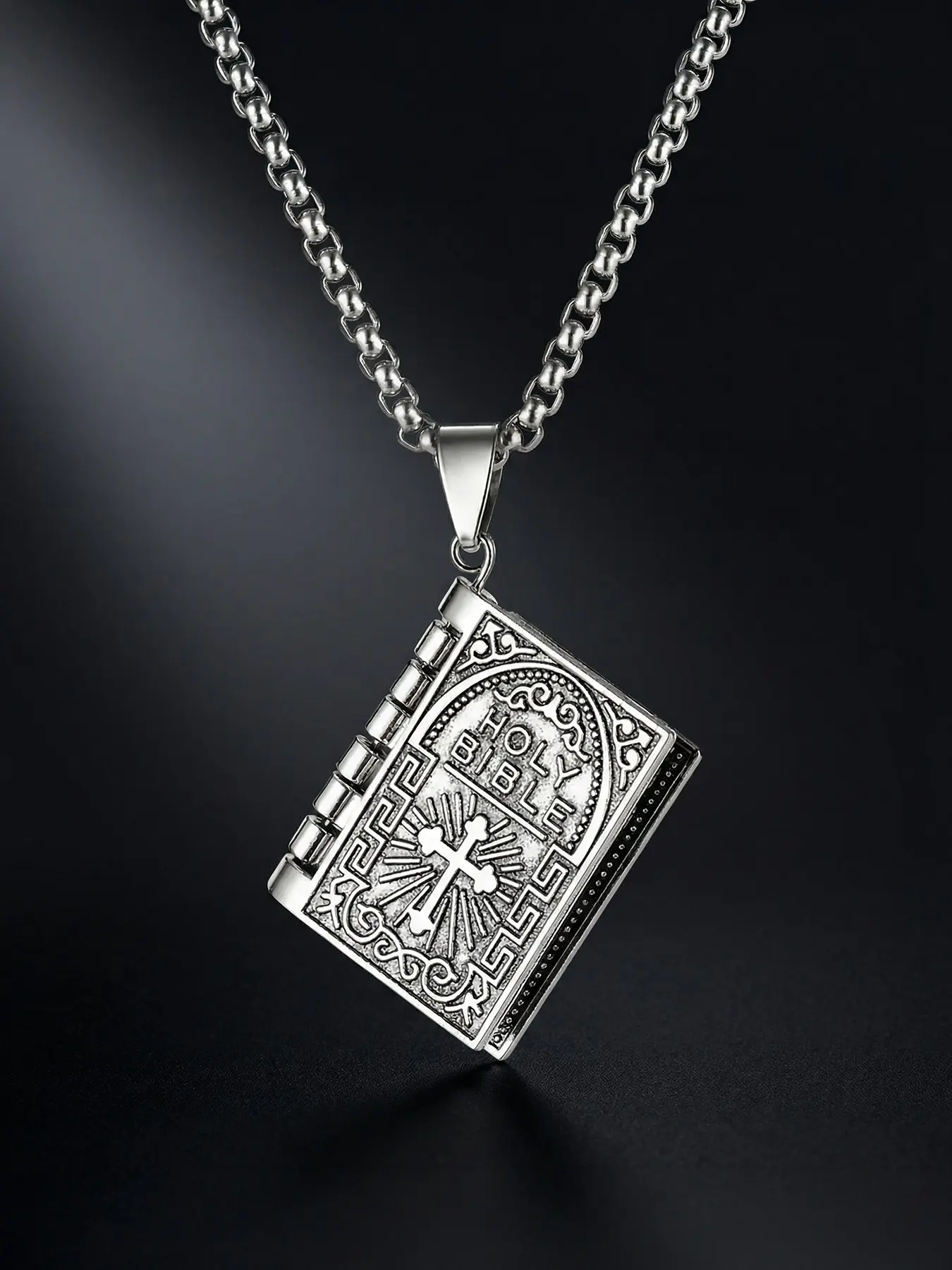 1Pc Stainless steel Bible pendant necklace, unisex, can be opened, features a prayer Bible design, vintage-style miniature readable verses, a commemorative piece of faith.