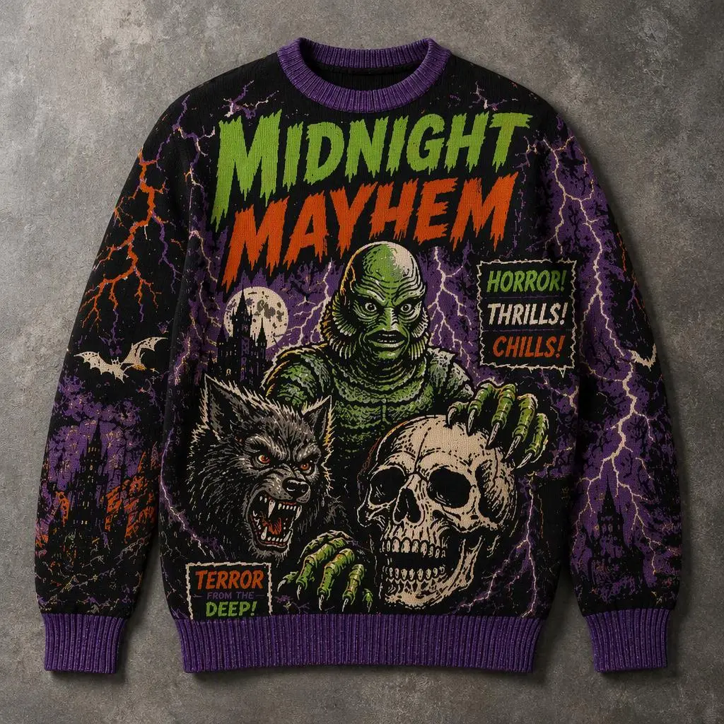 Midnight Mayhem Monster Band Halloween Crewneck Sweater, Black Purple Orange All-Over Horror Graphic, Long Sleeve Pullover