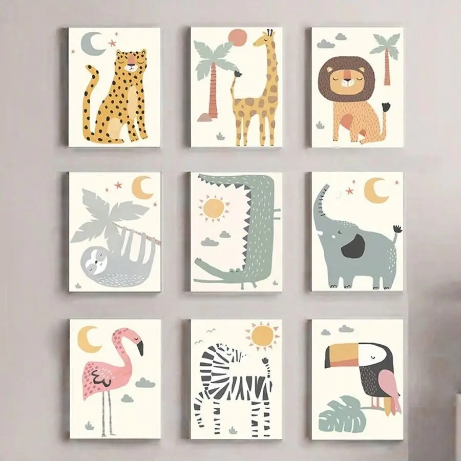 9pcs/set Cartoon Animals Jungle Club Poster Children's Room Crib Decorative Art Canvas Painting Field Nursery Bedroom Decorative Wall Art-Frameless