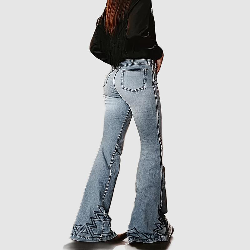 Light Blue Denim High-Waisted Flare Jeans with Geometric Hem Design in Western Style for Women Trendy Fashion