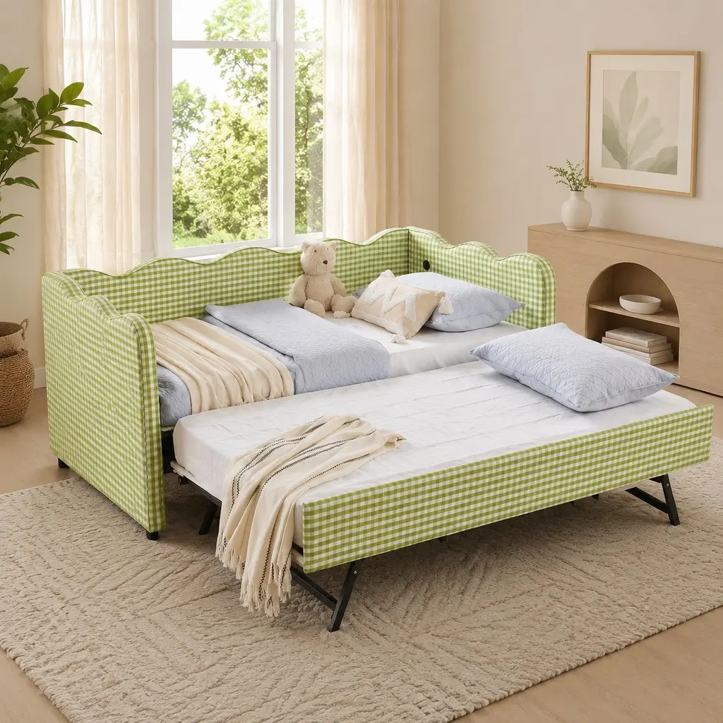Green Linen Wave-Shape Gingham Plaid Twin Daybed with Trundle, USB Port, 80.5x43x33.5 Inches, 300 lbs Capacity, No Box Spring Needed, Convertible Twin Sofa Bed for Adults, Assembly Required