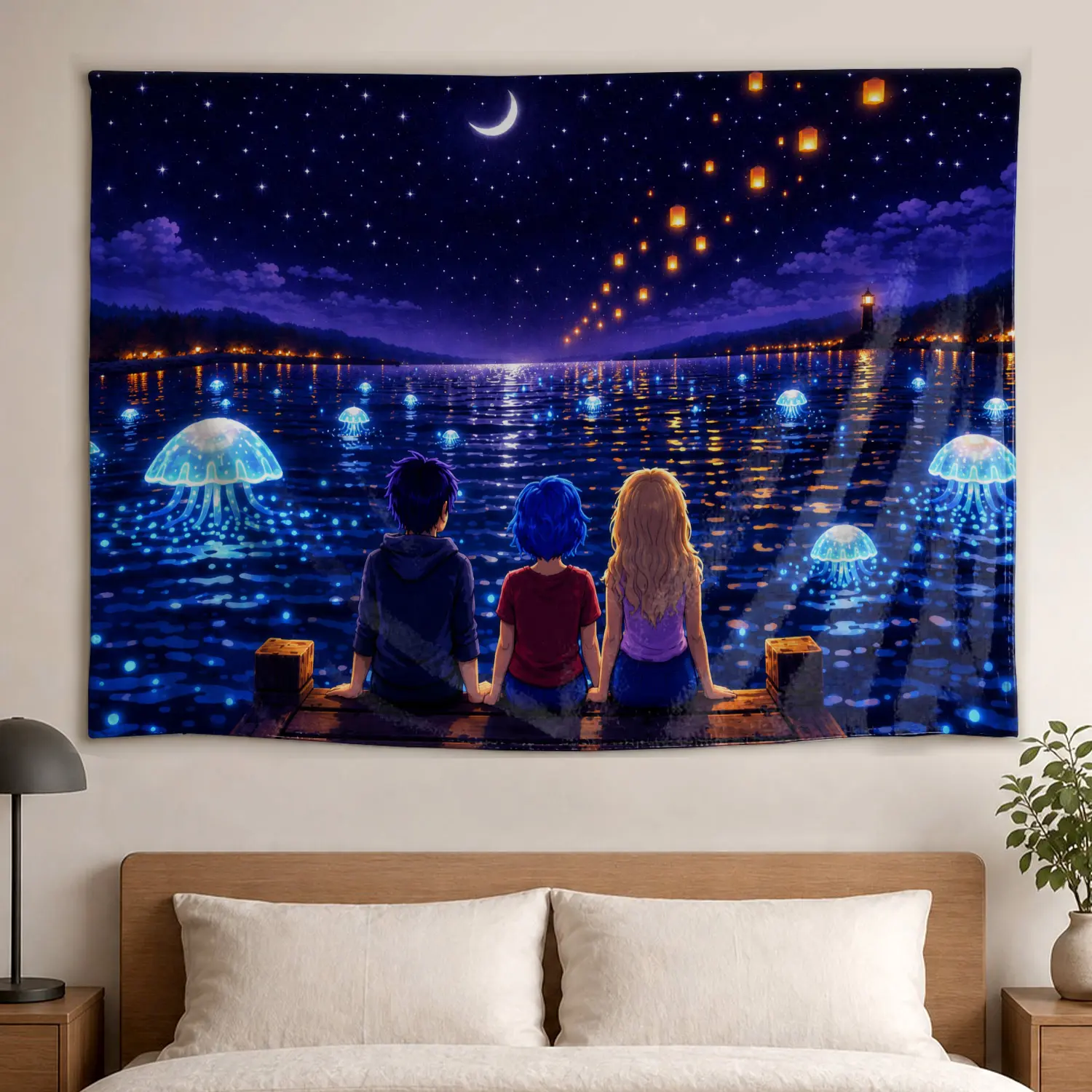 Large Horizontal Jellyfish Glow Lake Sky Lanterns Wall Tapestry - Colorfast Printed Polyester Home Decor Artwork, No-Installation Wall Hanging for Living Room, Bedroom, Multi-Size Indoor/Outdoor Decoration Gift for Family, Wall Decor