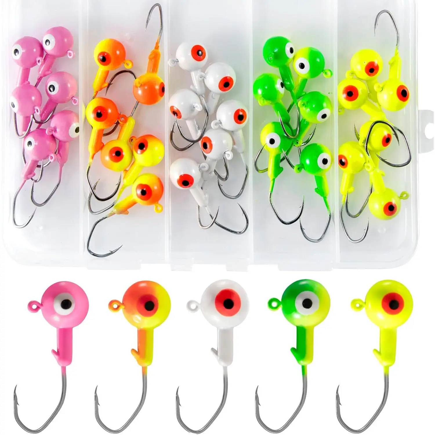 30-Pack Fishing Jig Heads Kit, Round Ball Crappie Jig  with  Eyes, 1/32-3/8oz Jigs Heads for Bass Fishing Trout Crappie Perch Bluegill Walleye, Live Soft Baits Lures Jigs Hooks