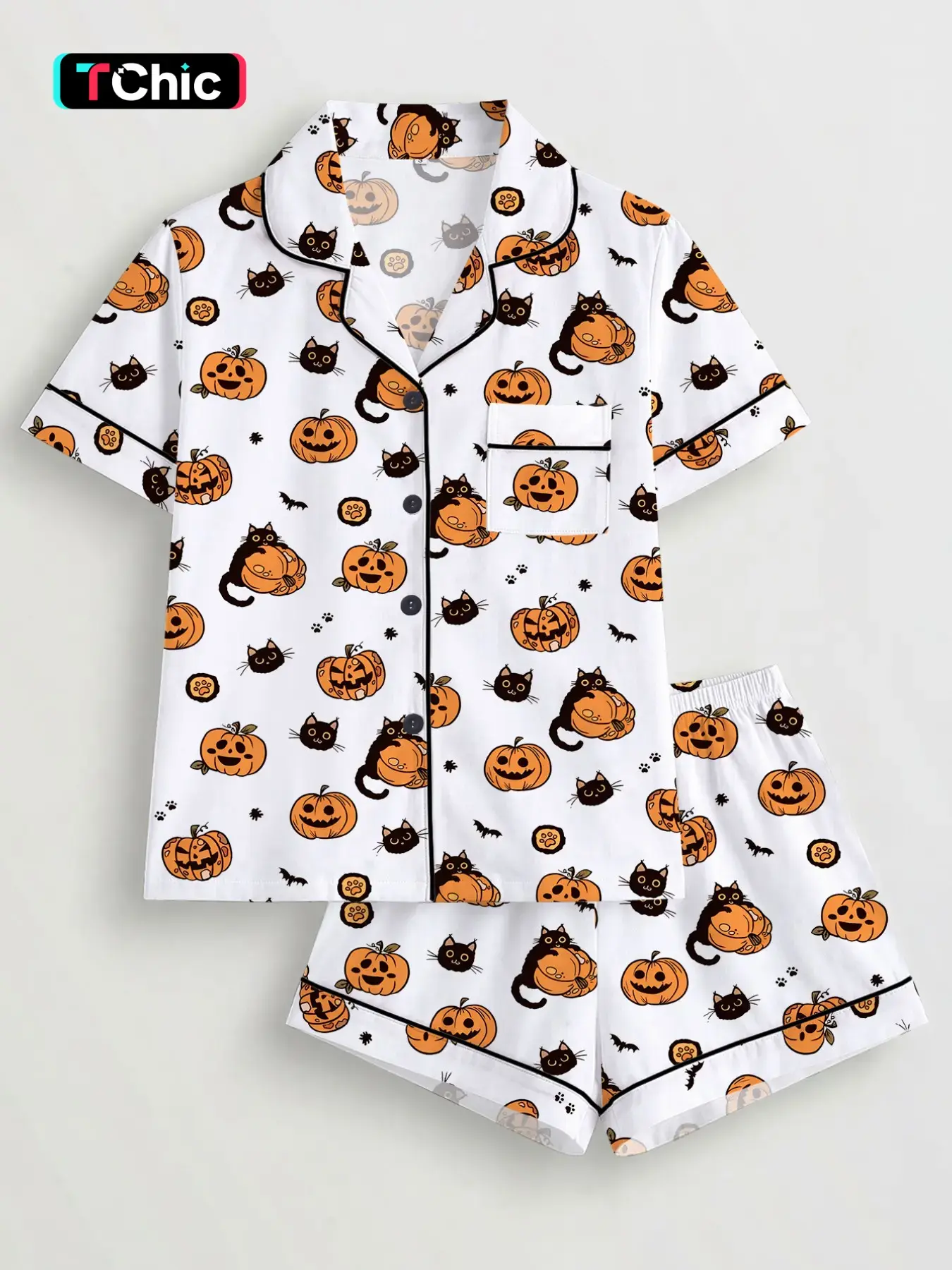 Halloween Pajama Set for Women, Cartoon Pumpkin Cat Print, Short Sleeve Button Front Top, Elastic Shorts, Casual All-Season Sleepwear